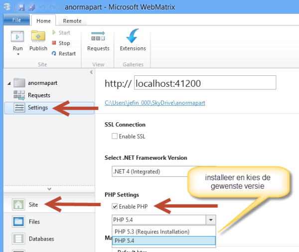 WebMatrix PHP inschakelen